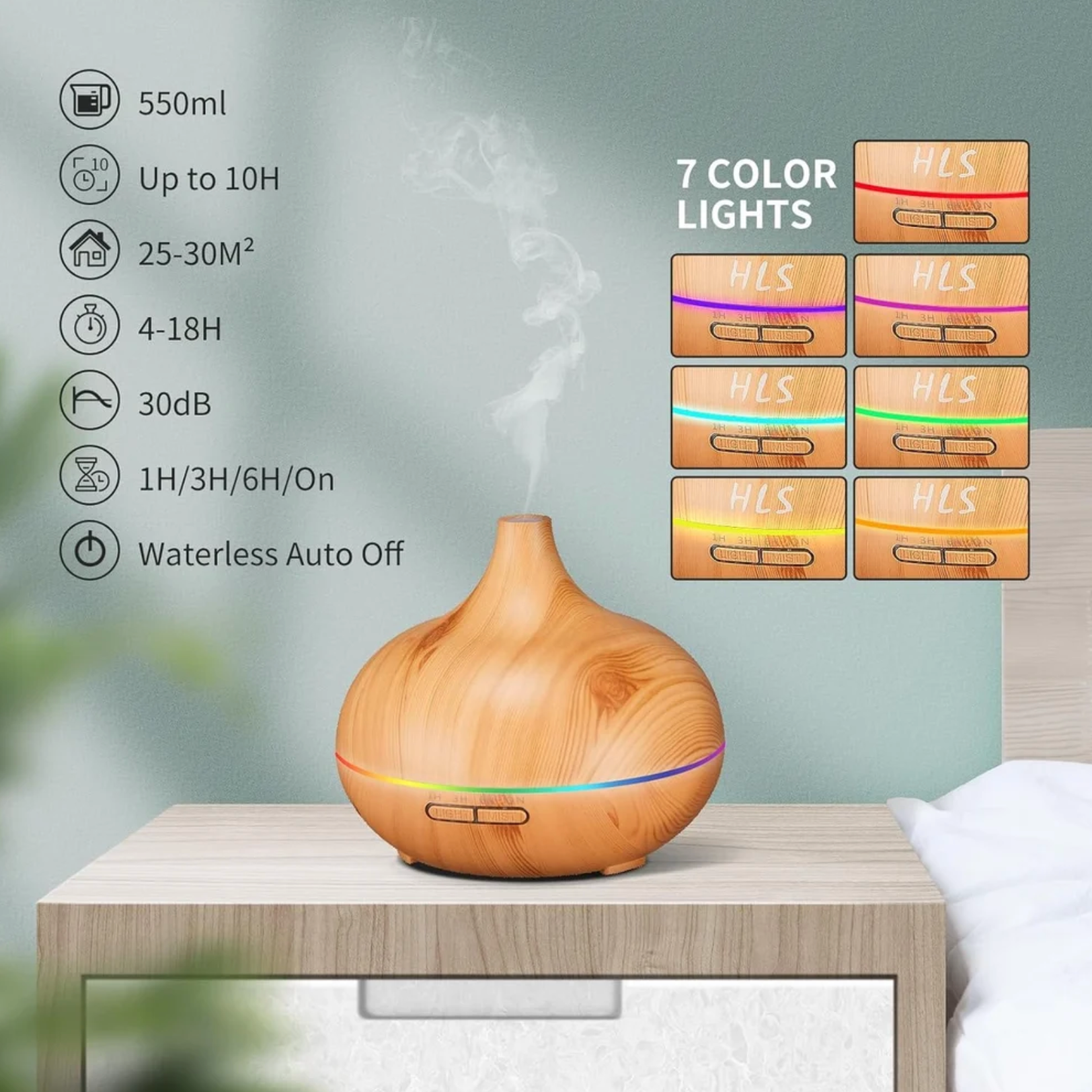 Funnel Shape Humidifier, Essential Oil Aroma Diffuser (With Multi-colour LED, 550ml Tank) - Wooden Oak Brown