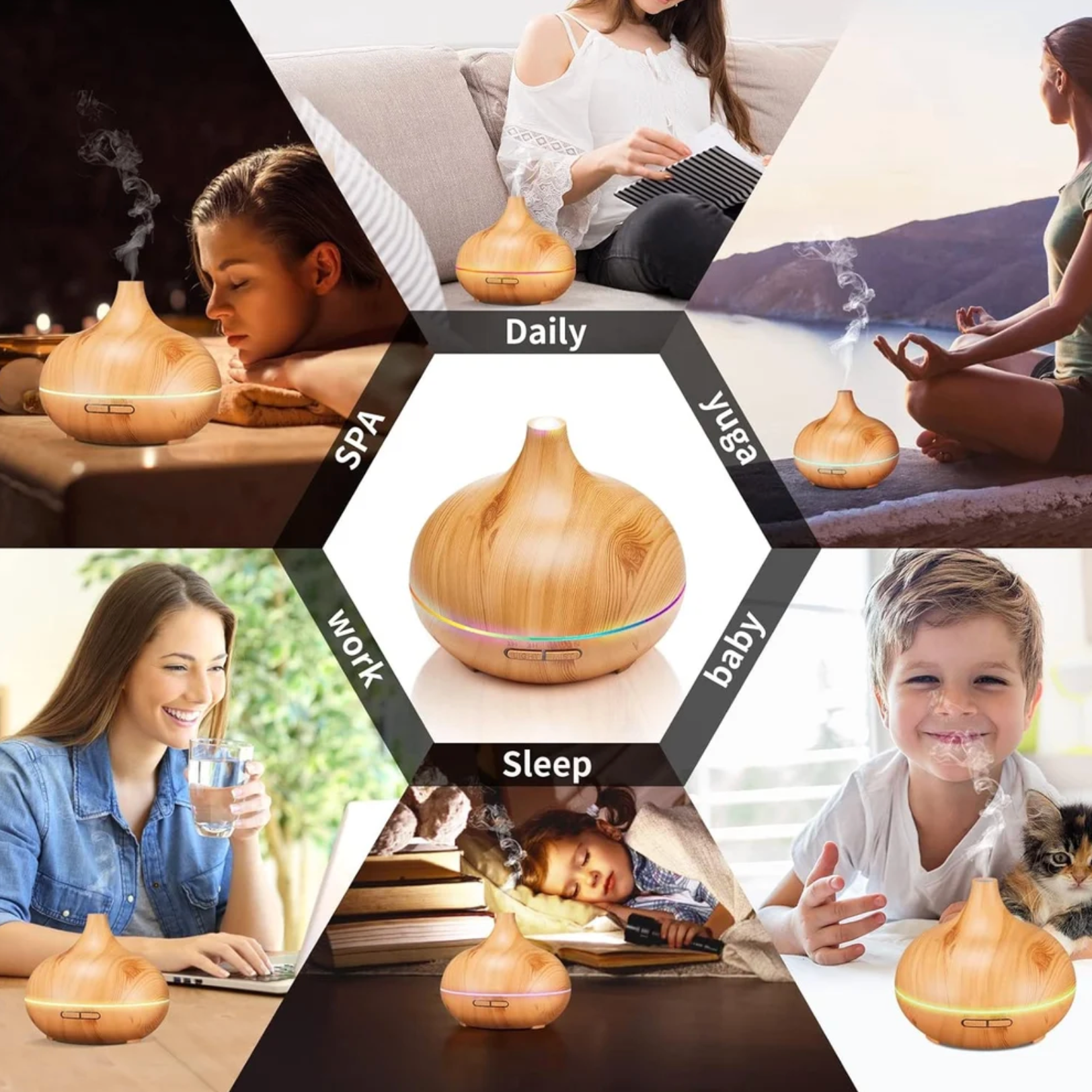 Funnel Shape Humidifier, Essential Oil Aroma Diffuser (With Multi-colour LED, 550ml Tank) - Wooden Oak Brown