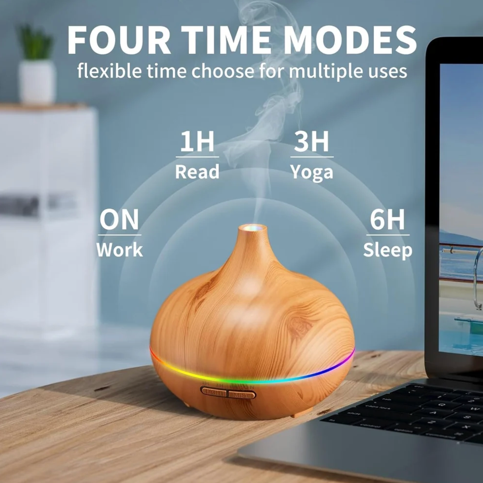 Funnel Shape Humidifier, Essential Oil Aroma Diffuser (With Multi-colour LED, 550ml Tank) - Wooden Oak Brown