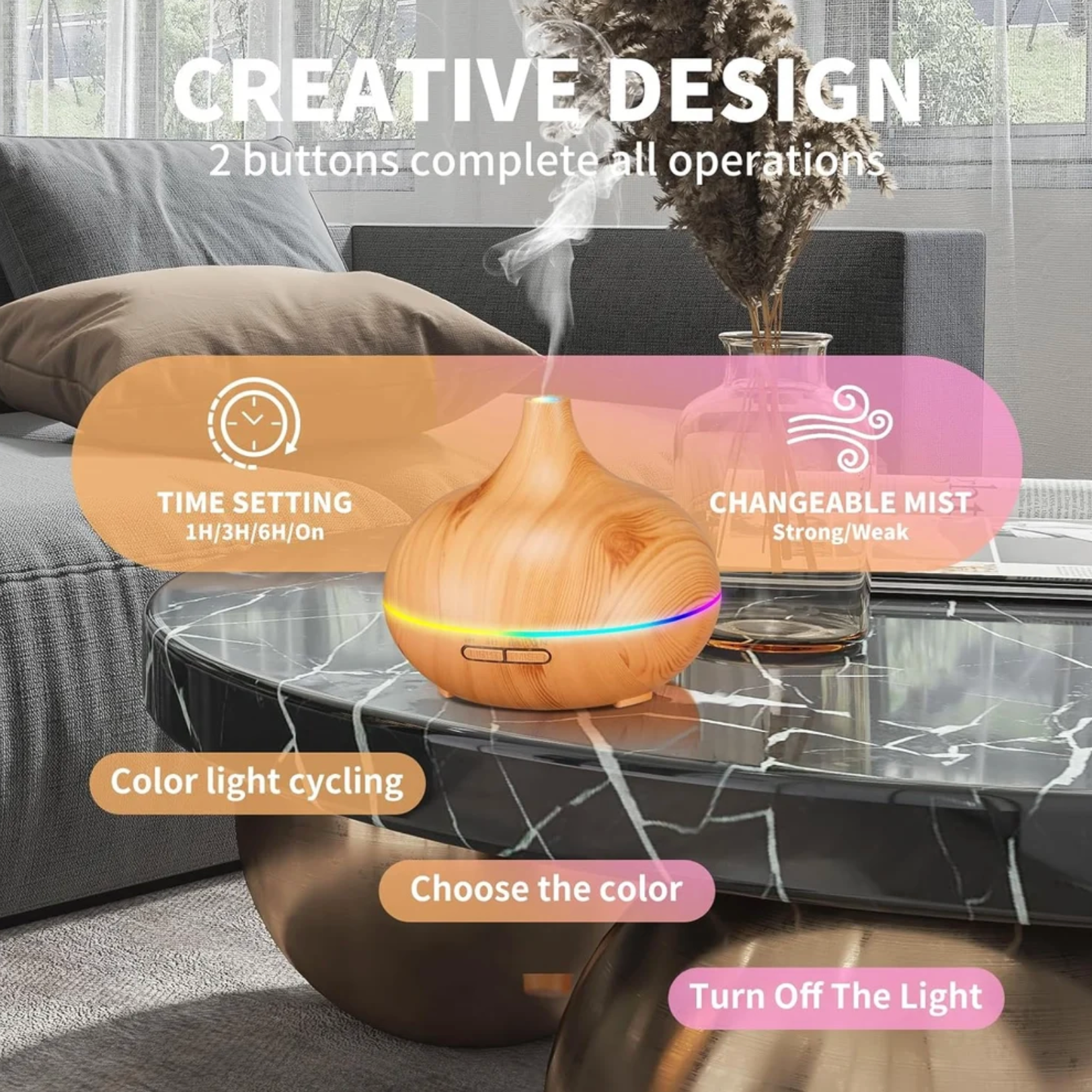 Funnel Shape Humidifier, Essential Oil Aroma Diffuser (With Multi-colour LED, 550ml Tank) - Wooden Oak Brown