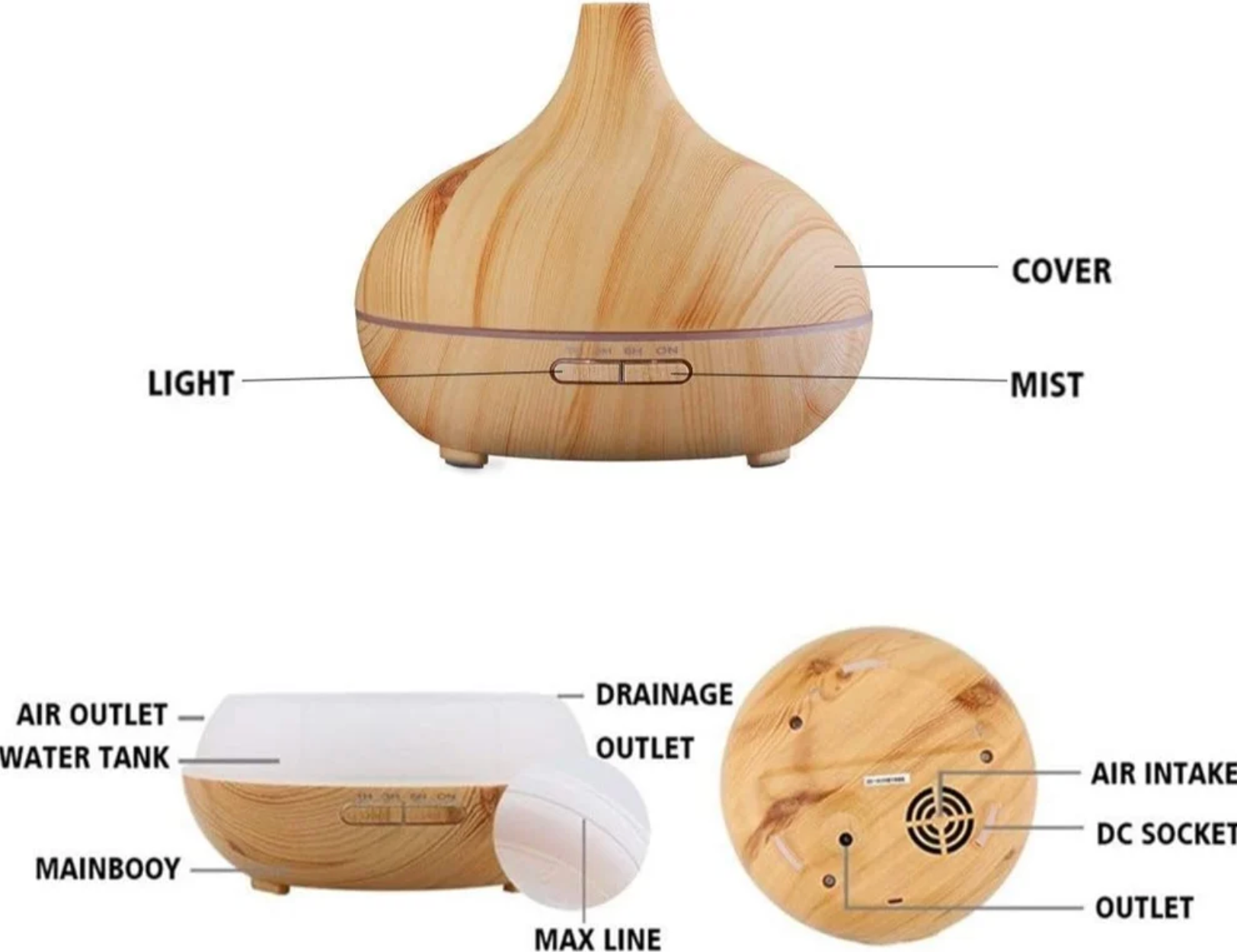Funnel Shape Humidifier, Essential Oil Aroma Diffuser (With Multi-colour LED, 550ml Tank) - Wooden Oak Brown