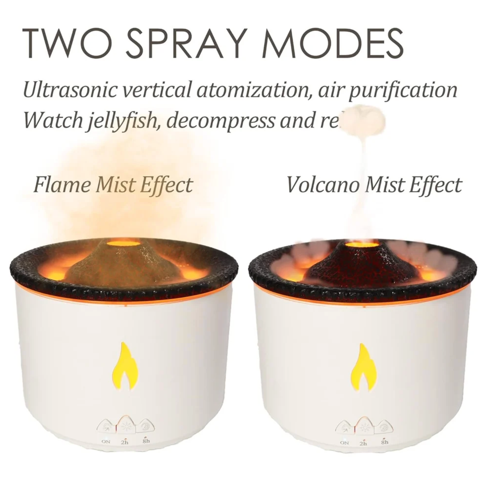 Volcano Shape Humidifier, Essential Oil Aroma Diffuser | With Dual Colour Flame Orange & Ice Blue (300ml Tank) - White