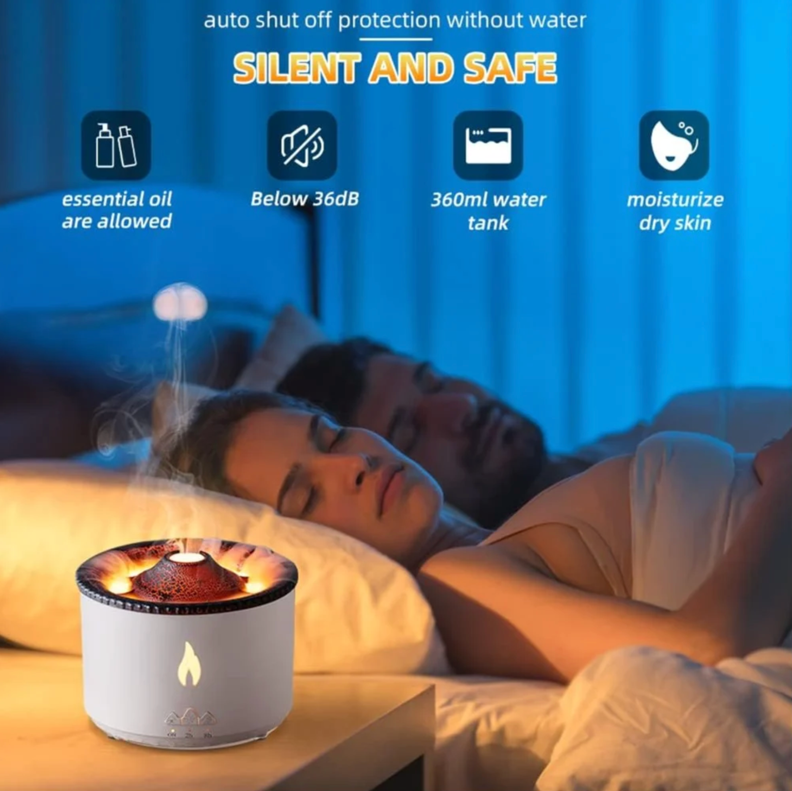 Volcano Shape Humidifier, Essential Oil Aroma Diffuser | With Dual Colour Flame Orange & Ice Blue (300ml Tank) - White