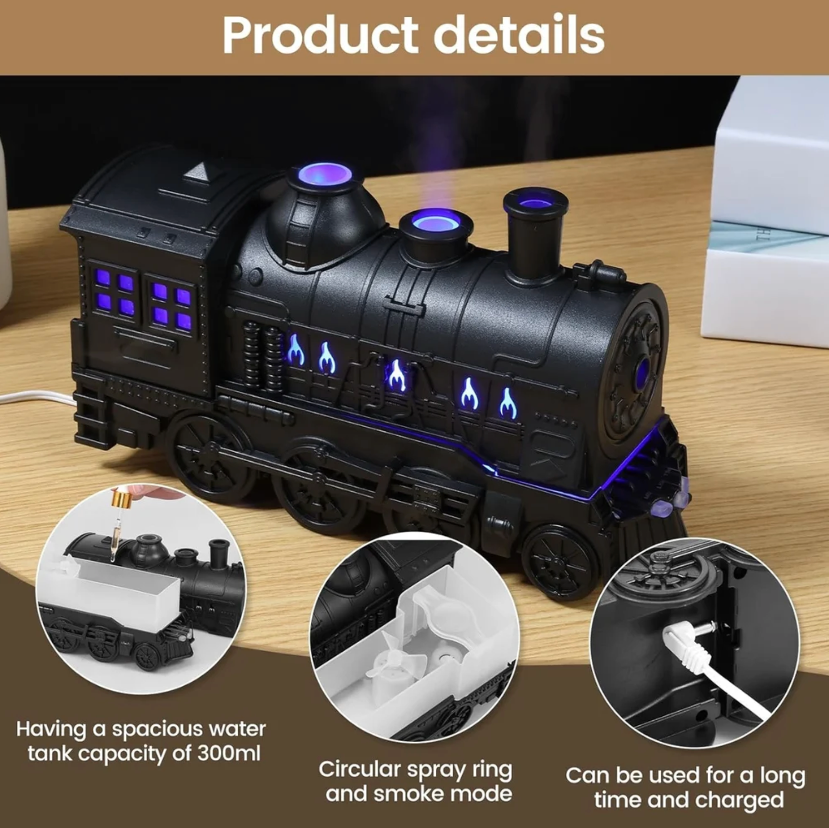 Train Engine Shape Humidifier, Essential Oil Aroma Diffuser (300ml Tank) (Black)