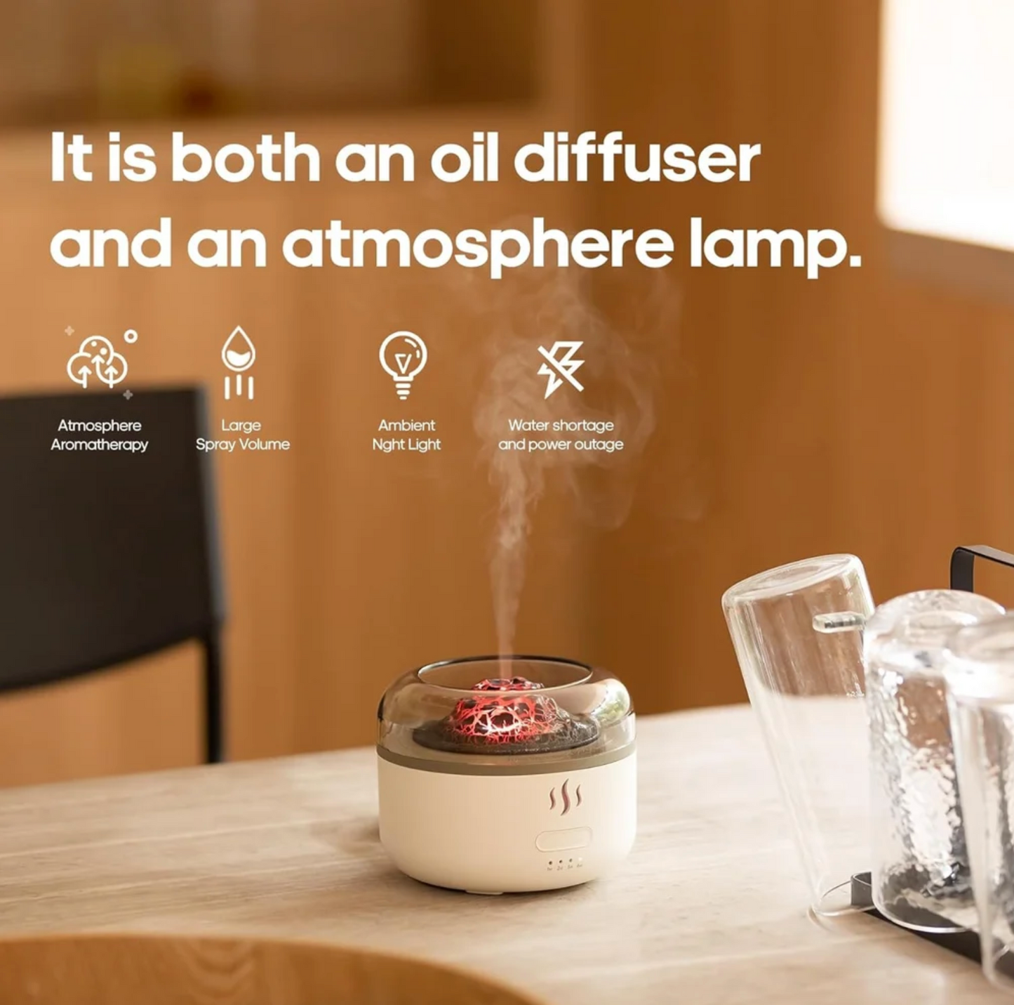 Volcano Flame Aromatherapy Humidifier for Home, Multi-Colour LED (160ml Tank) - White