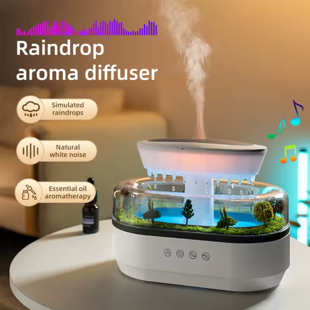 Musical Rain Drops Humidifier, Essential Oil Aroma Diffuser (With Multi-Colour LED, 250ml Tank) - White