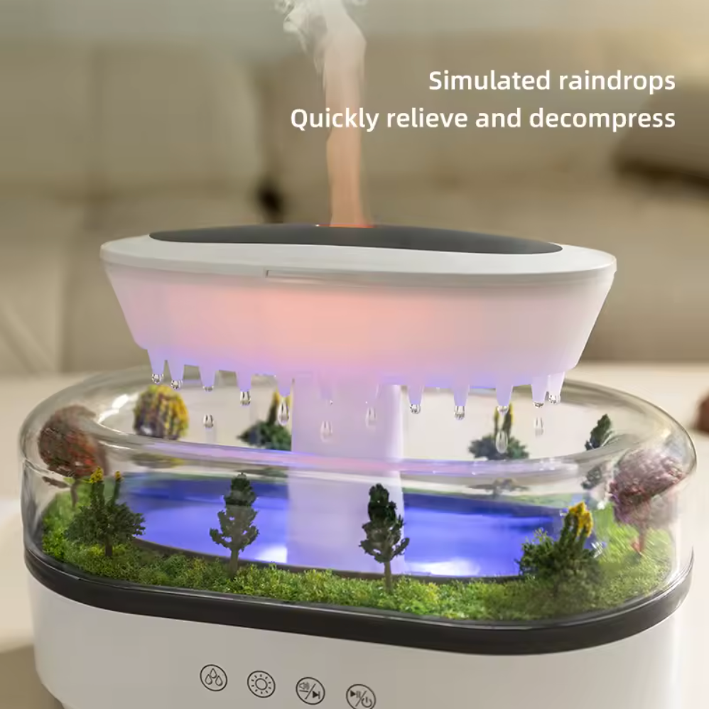 Musical Rain Drops Humidifier, Essential Oil Aroma Diffuser (With Multi-Colour LED, 250ml Tank) - White