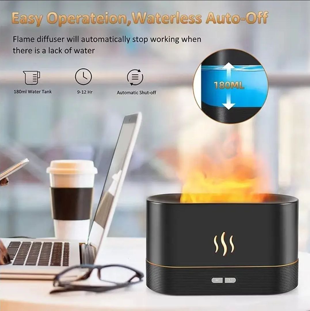 Fire Flame Humidifier, Essential Oil Aroma Diffuser (180ml Tank) - Black