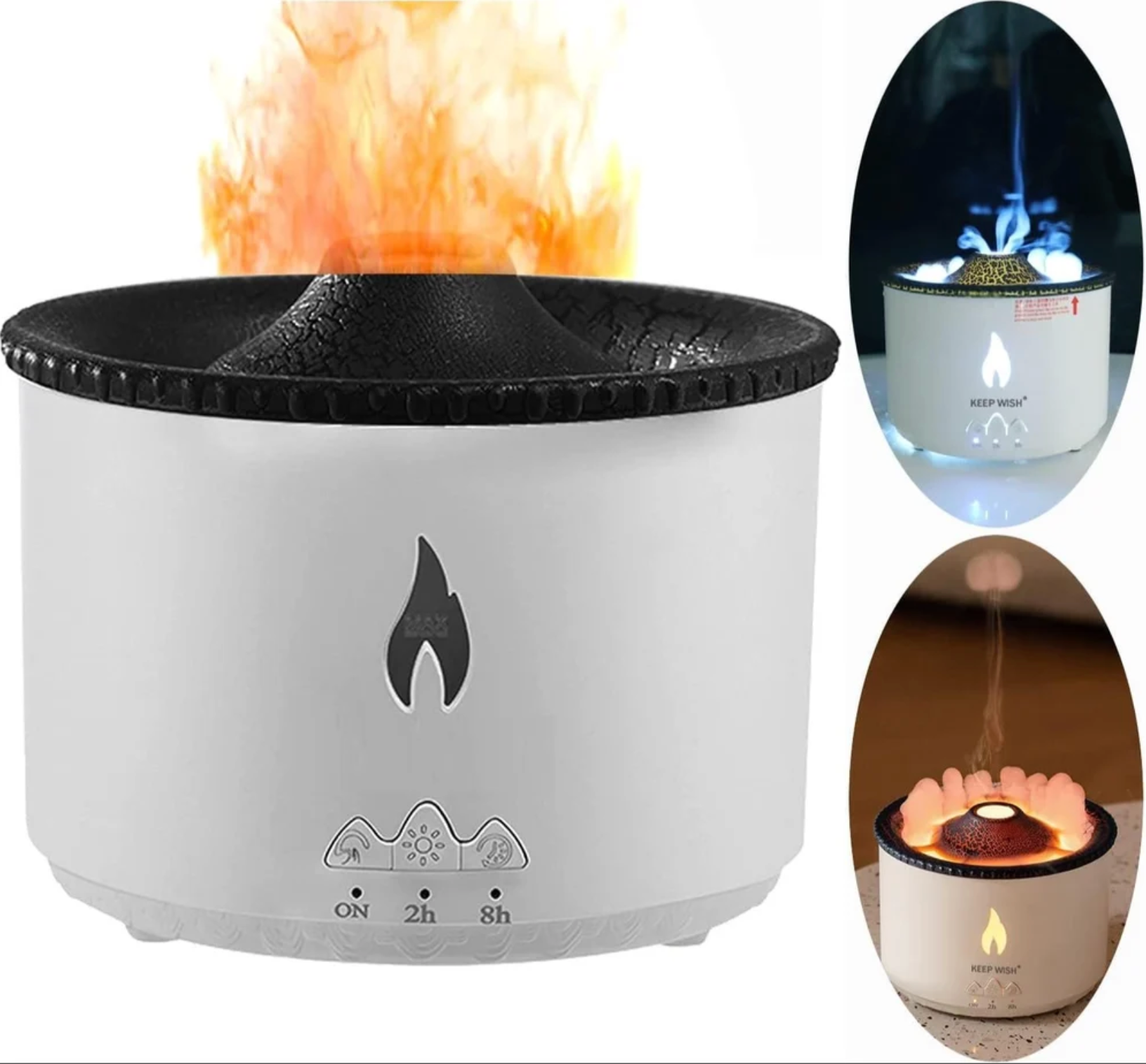 Volcano Shape Humidifier, Essential Oil Aroma Diffuser | With Dual Colour Flame Orange & Ice Blue (300ml Tank) - White
