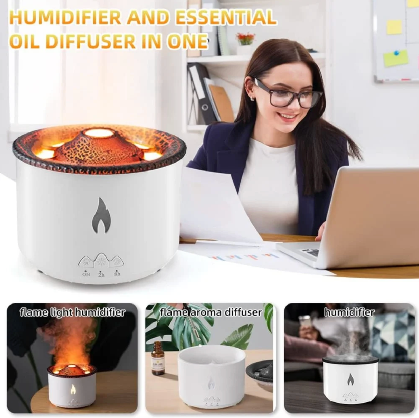 Volcano Shape Humidifier, Essential Oil Aroma Diffuser | With Dual Colour Flame Orange & Ice Blue (300ml Tank) - White