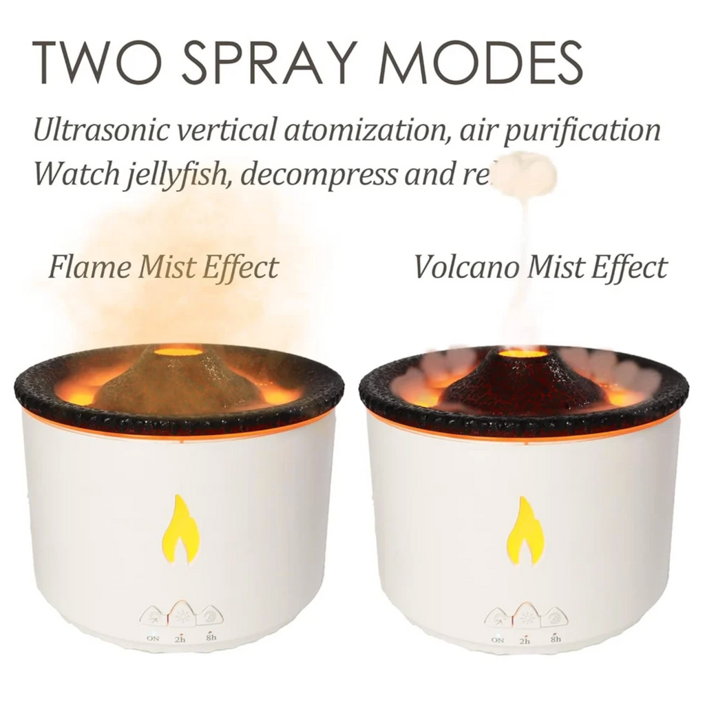 Volcano Shape Humidifier, Essential Oil Aroma Diffuser | With Dual Colour Flame Orange & Ice Blue (300ml Tank) - White